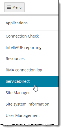 ServiceDirect menu.